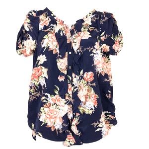 Joie Edita Dark Navy Floral Silk Ruffle Top XS